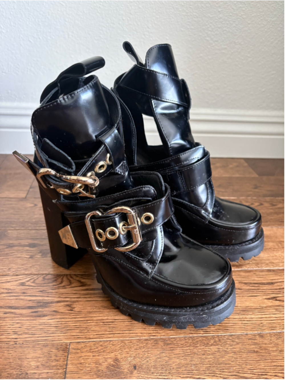 JEFFREY CAMPBELL Craven Buckle Strap Bootie In Black Box-gold size 7.5